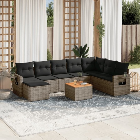 Set canapele de grădină, 9 piese, cu perne, gri, poliratan