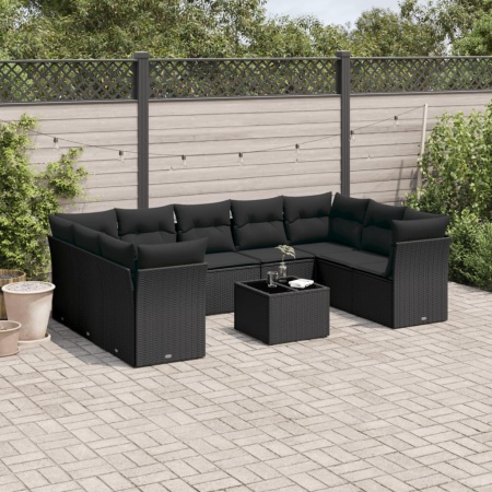 Set canapele de grădină cu perne, 10 piese, negru, poliratan