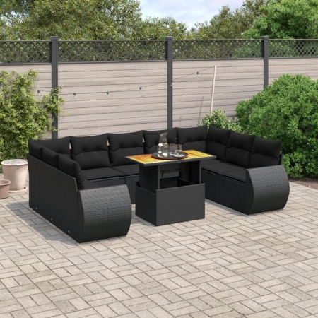 Set canapele de grădină cu perne, 10 piese, negru, poliratan