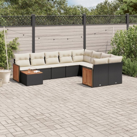 Set canapele de grădină cu perne, 10 piese, negru, poliratan