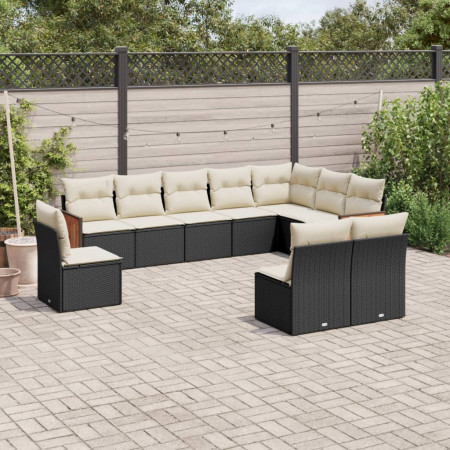 Set canapele de grădină cu perne, 10 piese, negru, poliratan