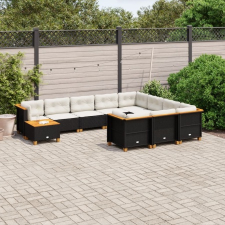 Set canapele de grădină cu perne, 11 piese, negru, poliratan