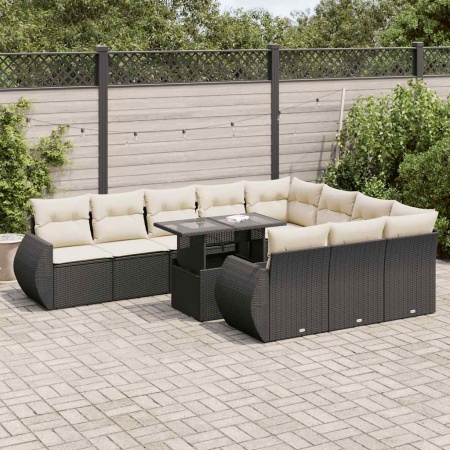 Set canapele de grădină cu perne, 11 piese, negru, poliratan