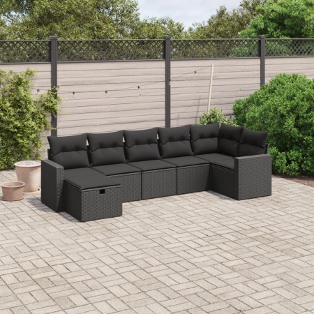 Set canapele de grădină cu perne, 7 piese, negru, poliratan