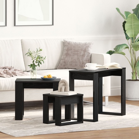 Set de 3 mese stivuibile, stejar negru, lemn prelucrat