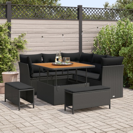 Set de Canapea Grădină cu 8 Piese Ratan Polu Negru Acacia, Set de Masă Grădină cu 3 Piese Ratan Polu Negru Acacia