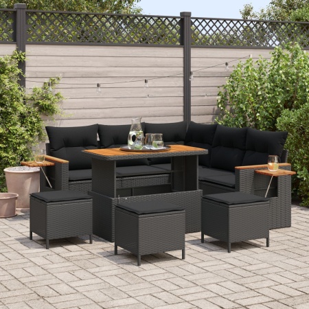 Set de canapea pentru grădină 9 Piese cu perne Negru Ratan sintetic Acacia, Set de dining pentru grădină 4 Piese cu perne Negru Ratan sintetic Acacia - Img 1