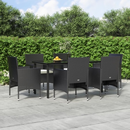 Set de masă pentru grădină, 7 piese, cu perne, negru