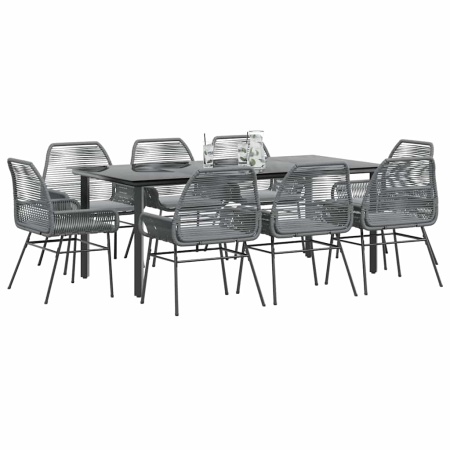 Set de sufragerie de grădină de 9 piese sticlă poliratan gri