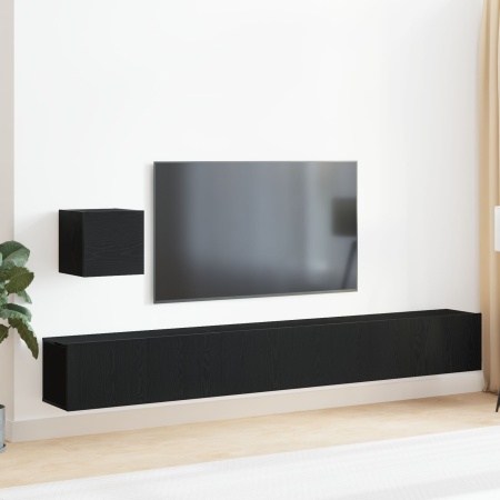 Set dulap TV, 4 piese, stejar negru, lemn prelucrat