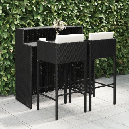 Set mobilier bar de grădină cu perne, 3 piese, negru, poliratan - Img 1