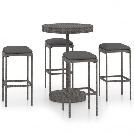 Set mobilier bar de grădină cu perne, 5 piese, gri, poliratan