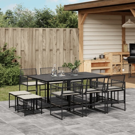 Set mobilier de exterior cu perne, 11 piese, negru, poliratan