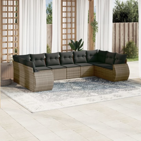 Set mobilier de grădină cu perne, 10 piese, gri, poliratan