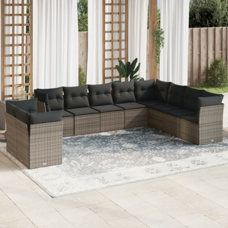 Set mobilier de grădină cu perne, 10 piese, gri, poliratan