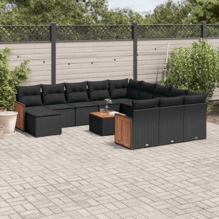 Set mobilier de grădină cu perne, 13 piese, negru, poliratan
