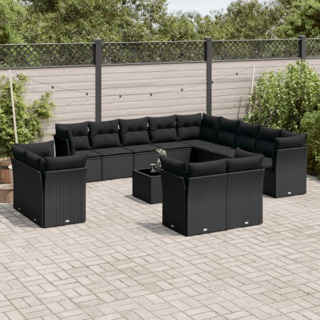 Set mobilier de grădină cu perne, 14 piese, negru, poliratan