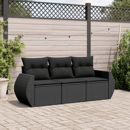 Set mobilier de grădină cu perne, 3 piese, negru, poliratan