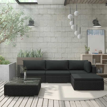 Set mobilier de grădină cu perne, 5 piese, negru, poliratan - Img 1