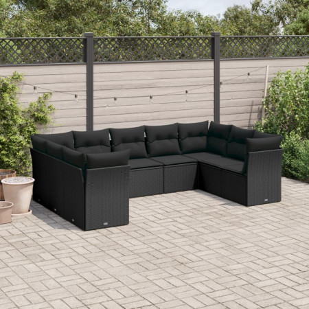 Set mobilier de grădină cu perne, 9 piese, negru, poliratan