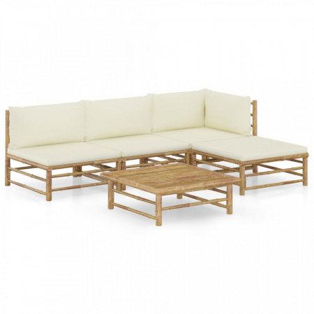 Set mobilier de grădină cu perne alb crem, 5 piese, bambus - Img 1