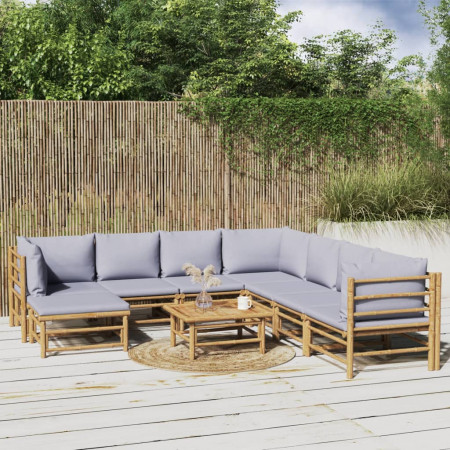 Set mobilier de grădină cu perne gri deschis, 9 piese, bambus