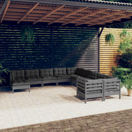 Set mobilier grădină cu perne, 11 piese, gri, lemn de pin