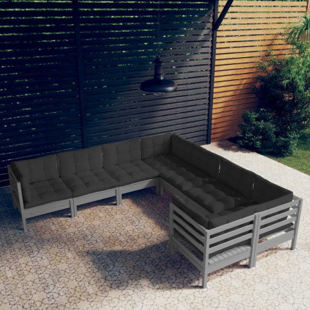 Set mobilier grădină cu perne, 8 piese, gri, lemn masiv pin