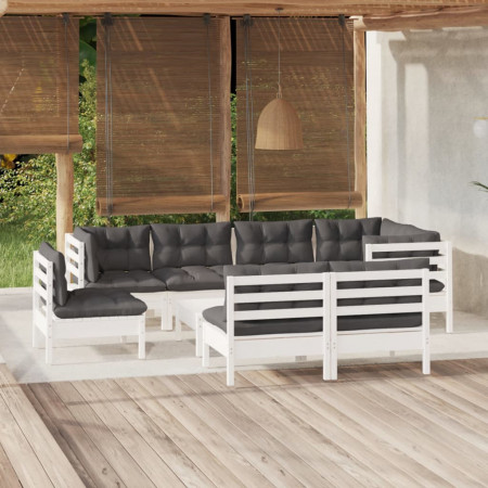 Set mobilier grădină cu perne, 9 piese, alb, lemn masiv pin