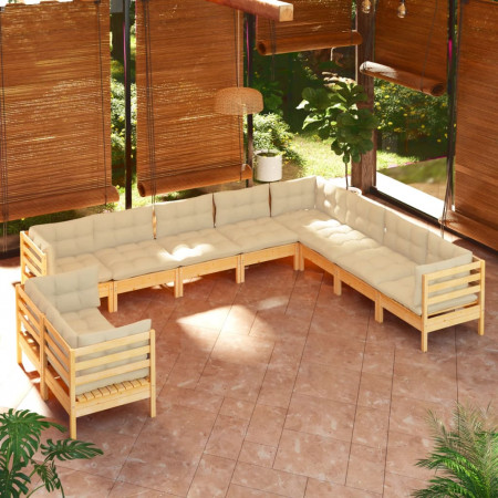 Set mobilier grădină cu perne crem, 10 piese, lemn masiv de pin