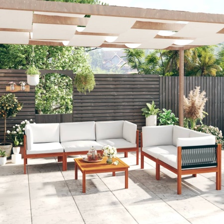 Set mobilier grădină cu perne. crem, 6 piese, lemn masiv acacia