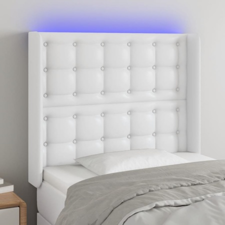 Tăblie de pat cu LED, alb, 103x16x118/128 cm, piele ecologică