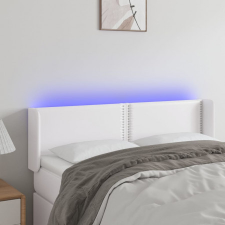 Tăblie de pat cu LED, alb, 147x16x78/88 cm, piele ecologică