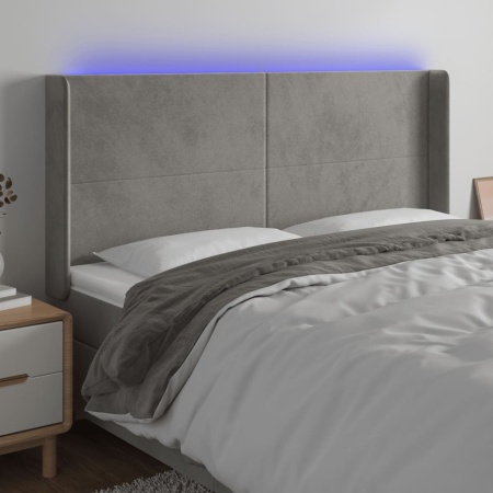 Tăblie de pat cu LED, gri deschis, 183x16x118/128 cm, catifea