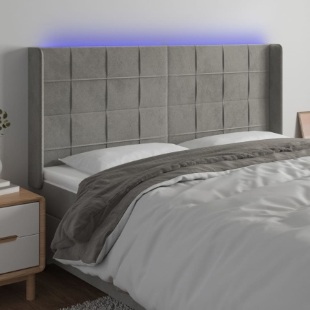 Tăblie de pat cu LED, gri deschis, 183x16x118/128 cm, catifea