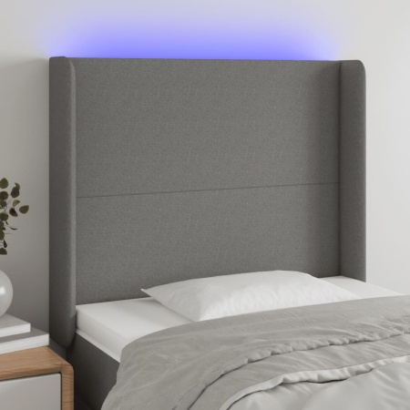 Tăblie de pat cu LED, gri închis, 103x16x118/128 cm, textil