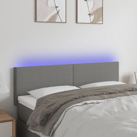 Tăblie de pat cu LED, gri închis, 144x5x78/88 cm, textil