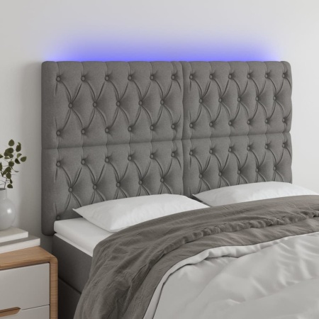 Tăblie de pat cu LED, gri închis, 144x7x118/128 cm, textil