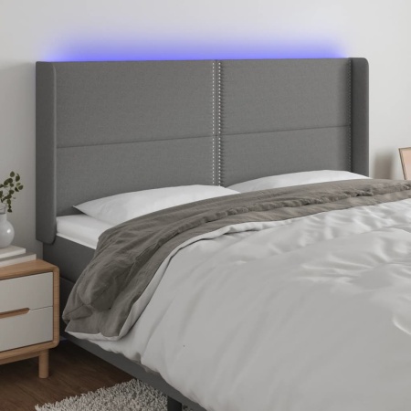 Tăblie de pat cu LED, gri închis, 163x16x118/128 cm, textil