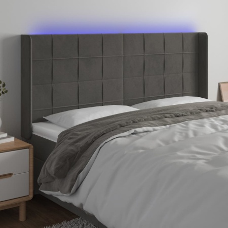 Tăblie de pat cu LED, gri închis, 183x16x118/128 cm, catifea