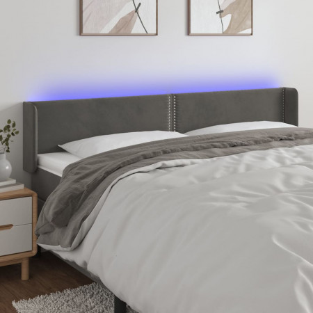 Tăblie de pat cu LED, gri închis, 203x16x78/88 cm, catifea
