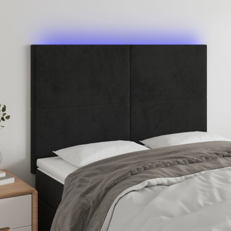 Tăblie de pat cu LED, negru, 144x5x118/128 cm, catifea