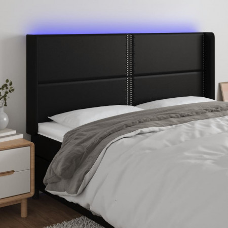 Tăblie de pat cu LED, negru, 163x16x118/128 cm, piele ecologică - Img 1