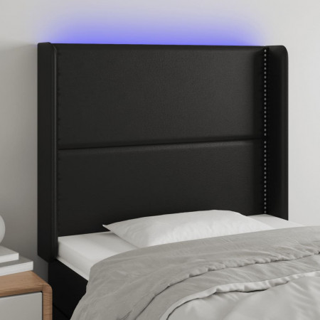 Tăblie de pat cu LED, negru, 83x16x118/128 cm, piele ecologică