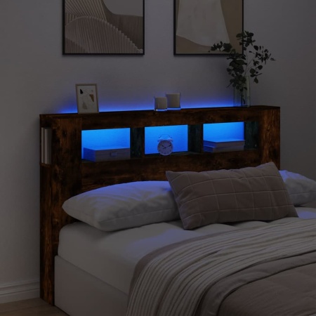 Tăblie de pat cu LED, stejar fumuriu, 160x18,5x103,5 cm, lemn