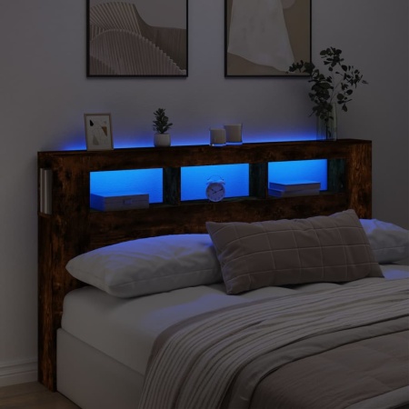 Tăblie de pat cu LED, stejar fumuriu, 180x18,5x103,5 cm, lemn