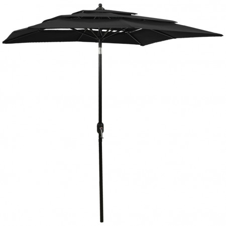 Umbrelă de soare 3 niveluri, stâlp de aluminiu, negru, 2x2 m
