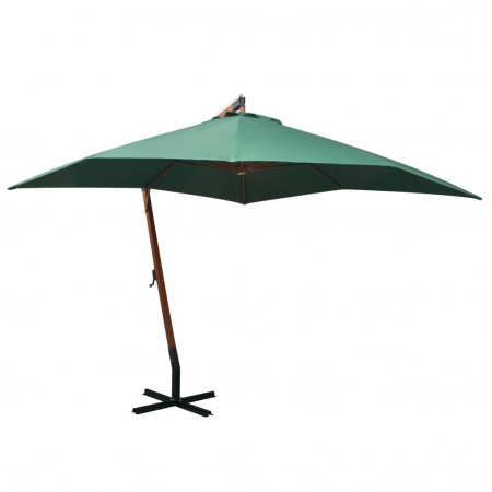 Umbrelă de soare suspendată, stâlp de lemn, 300x300 cm, verde