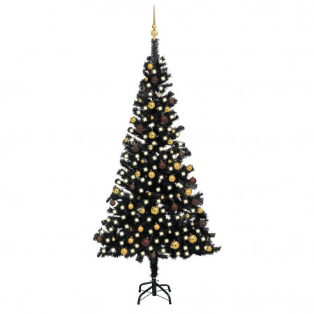 Brad Crăciun pre-iluminat cu set globuri, negru, 240 cm, PVC