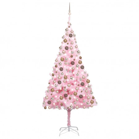 Brad Crăciun pre-iluminat cu set globuri, roz, 210 cm, PVC